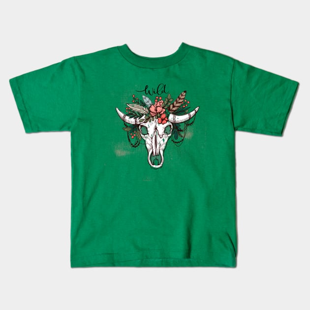 Wild Bison Skull Boho Kids T-Shirt by letnothingstopyou